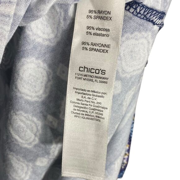 Chicos Top Womens 2 Large Blue Notch V Neck 3/4 Sleeve Tunic Blouse Slinky Boho - Picture 9 of 11